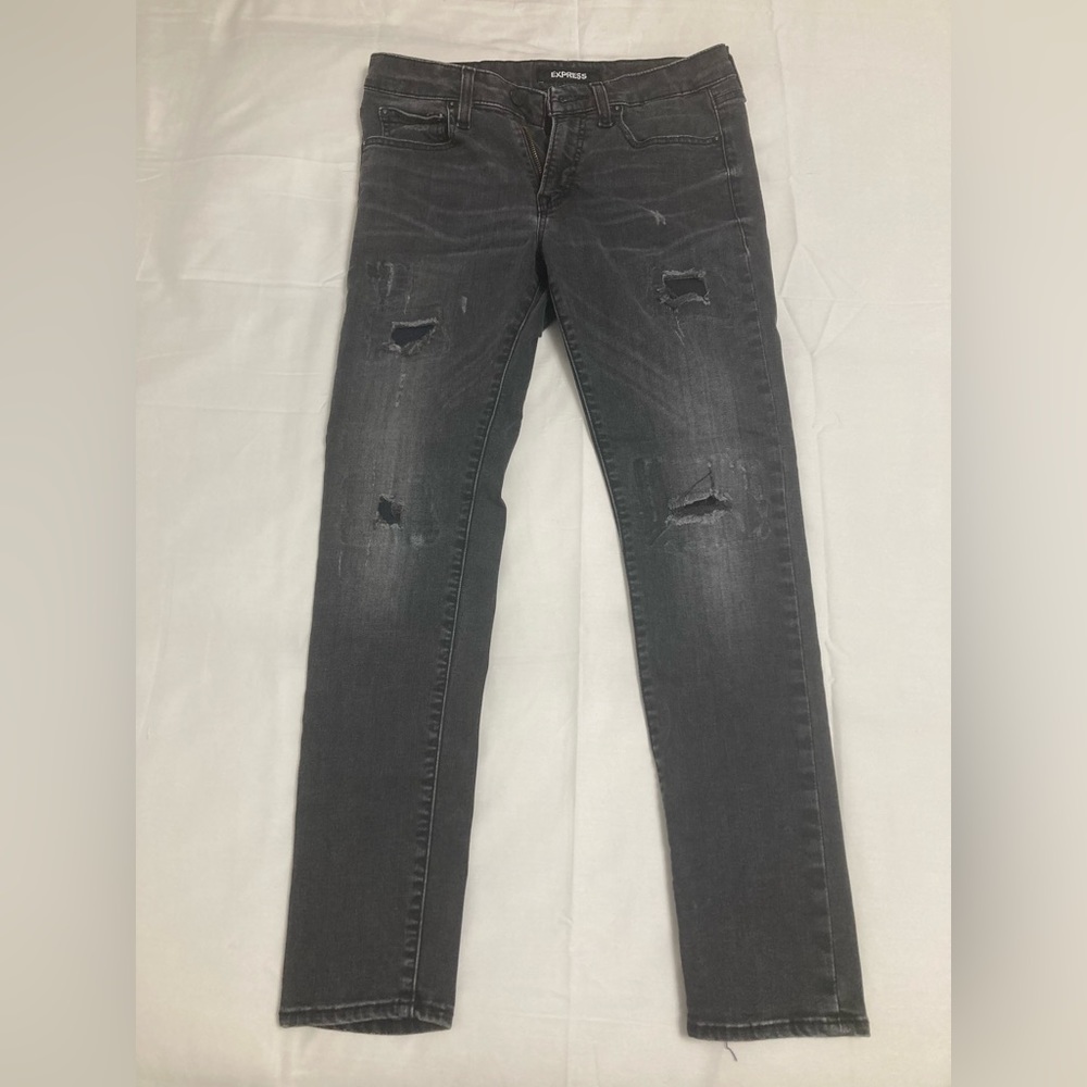 Express Skinny 29x30 charcoal gray black ripped distressed hyperstretch jeans